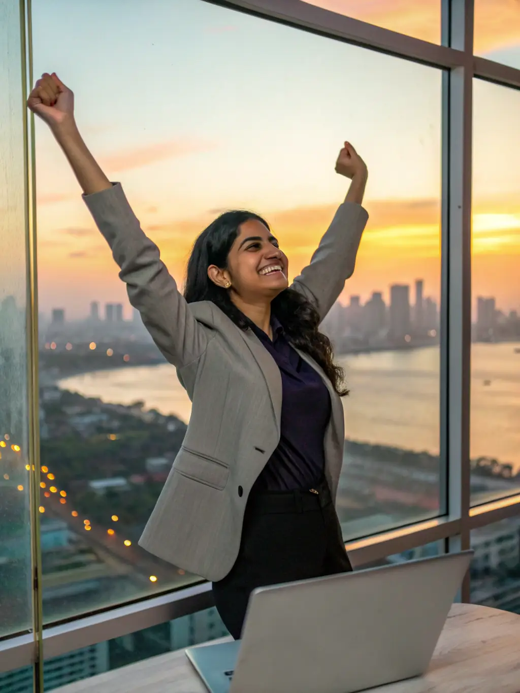 An image of a young professional celebrating a promotion with a cityscape of Mumbai in the background, representing Career Growth Hacks.