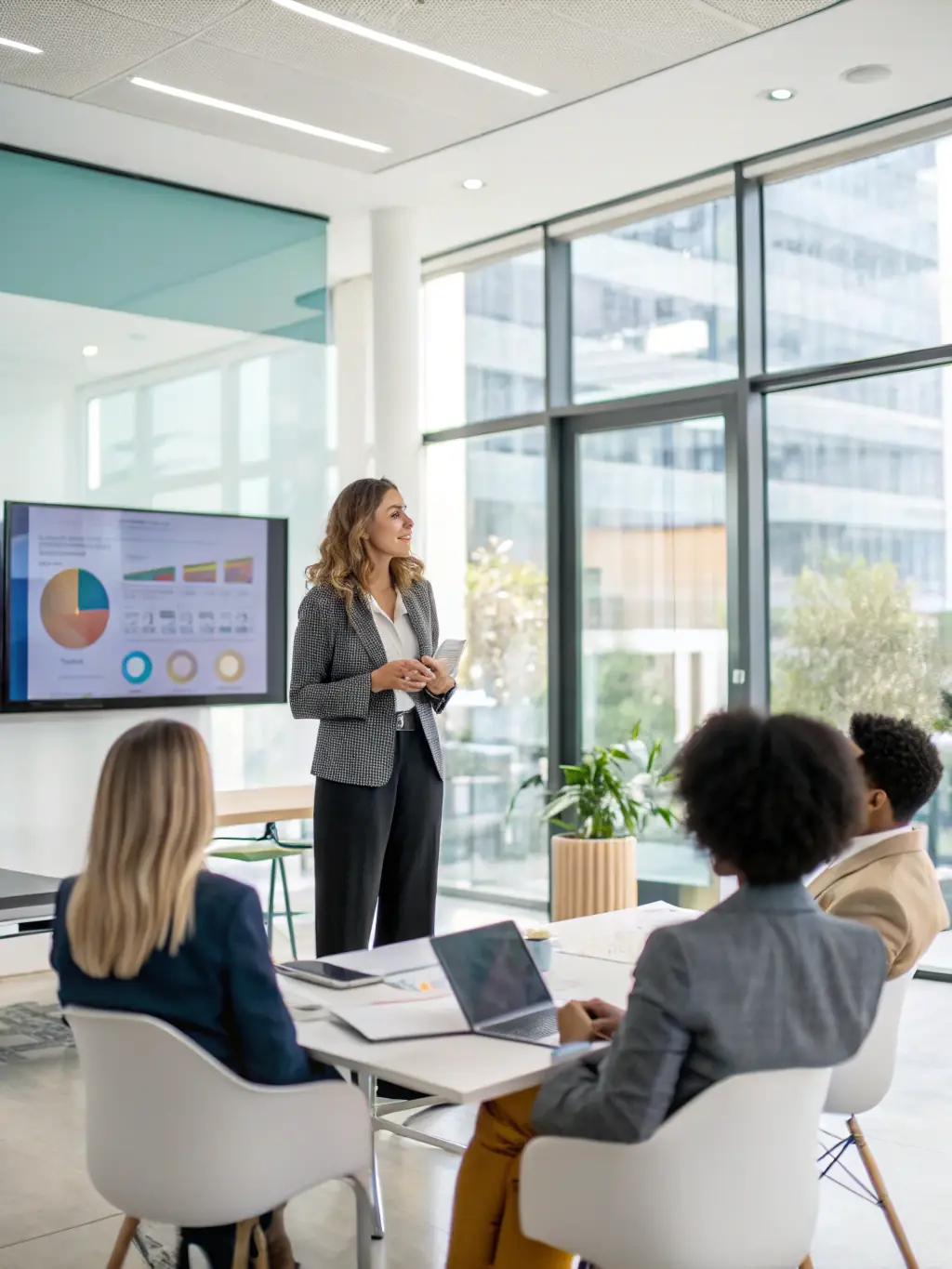 A professional Indian business woman in a modern office setting, confidently leading a team meeting, showcasing leadership coaching in action.